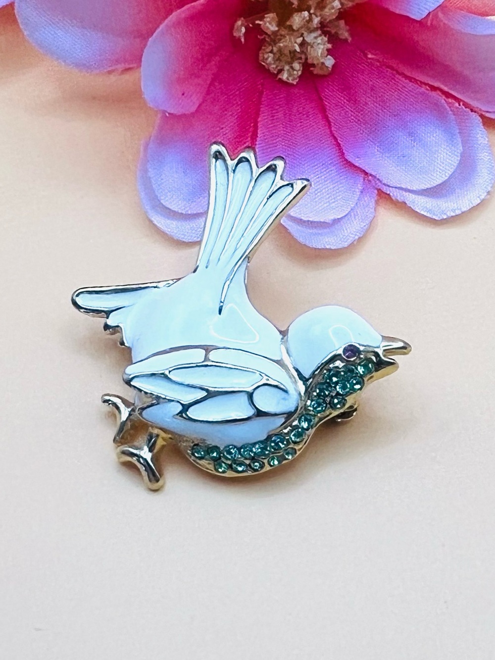 Covani Signed Rhinestone Encrusted Bird Brooch with Green Accents
